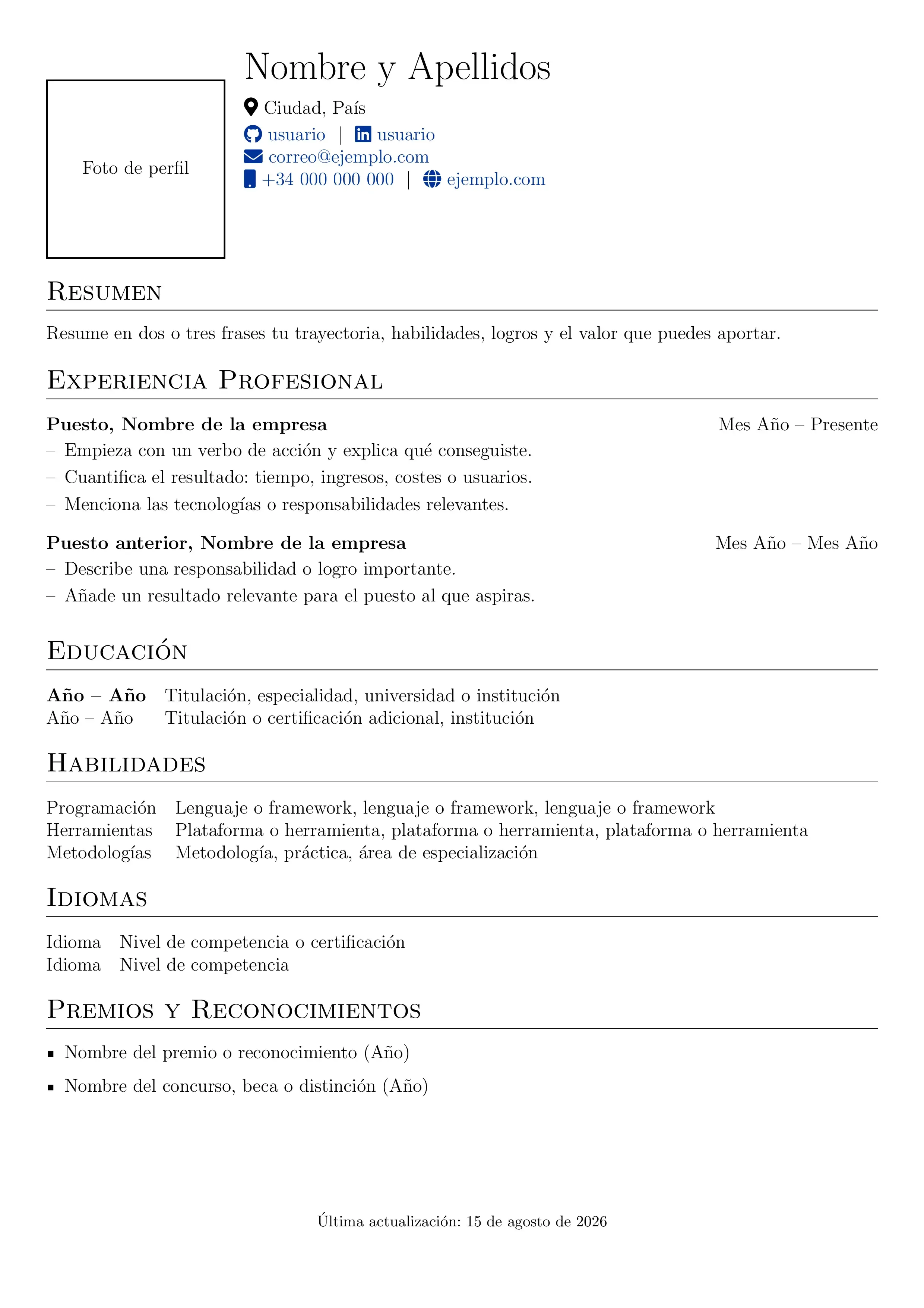 Plantilla CV LaTeX para Ingenieros (ATS) [Descargar .tex]